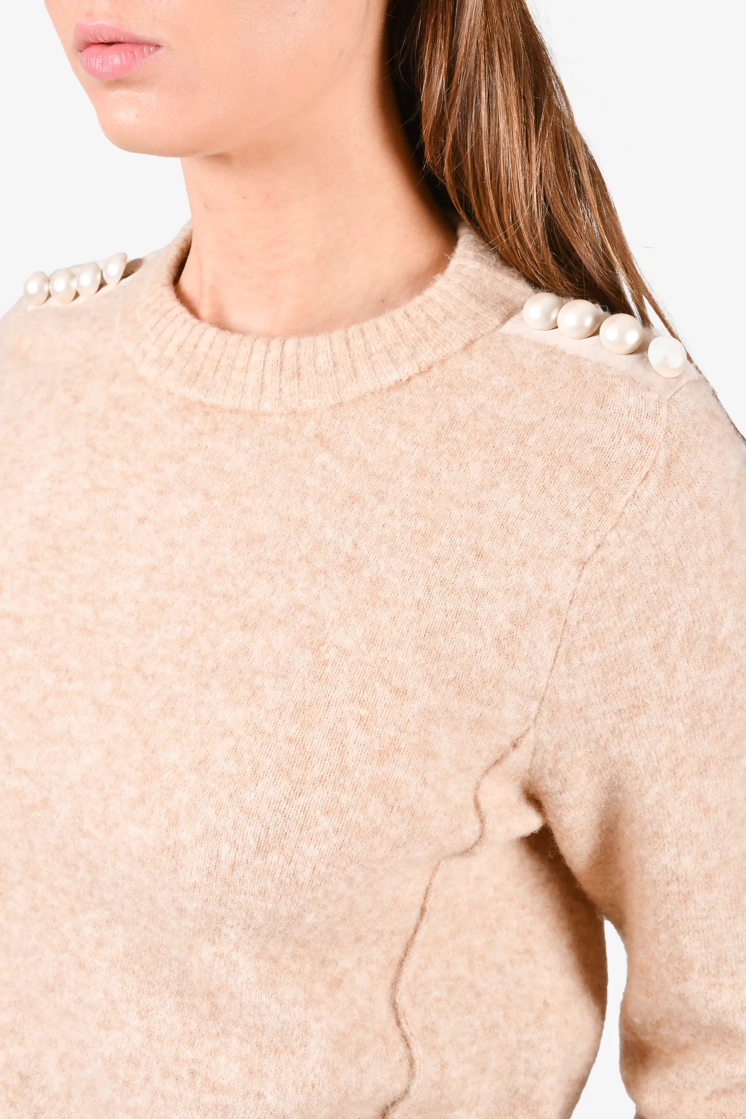 3.1 Phillip Lim Beige Wool/Alpaca Faux Pearl Embellished Crewneck Sweater Size XS