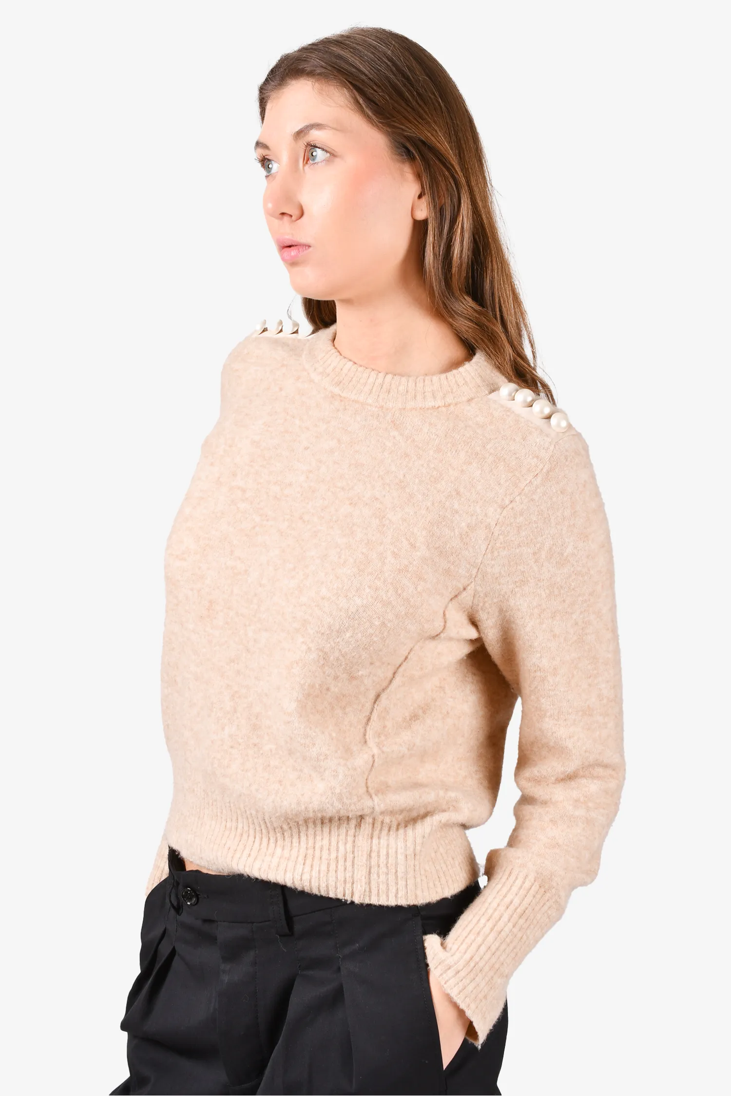 3.1 Phillip Lim Beige Wool/Alpaca Faux Pearl Embellished Crewneck Sweater Size XS
