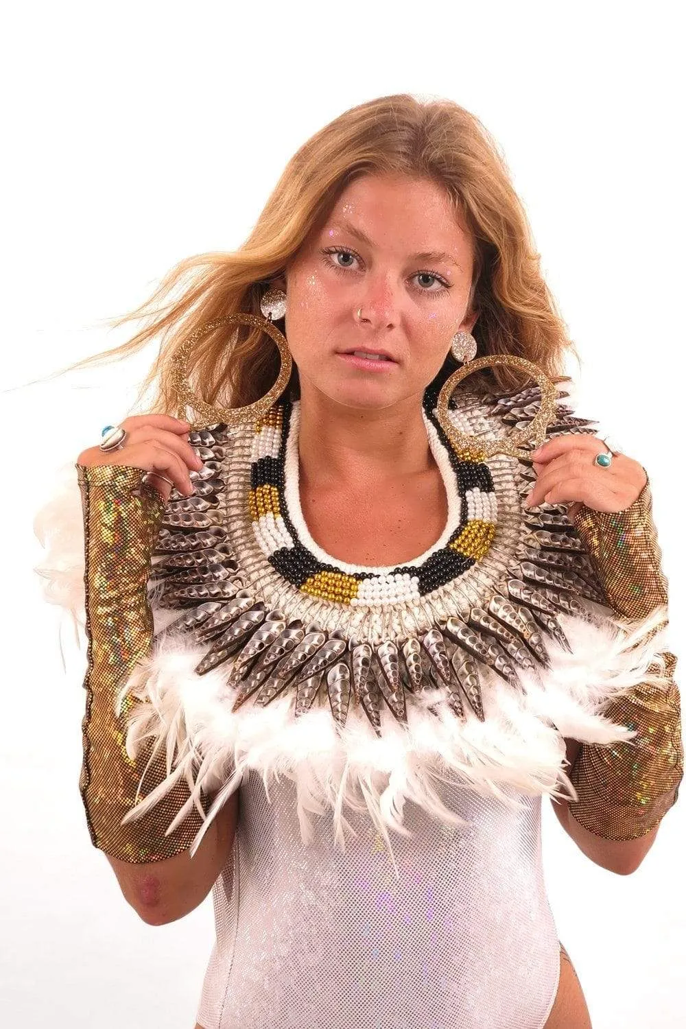 Bejeweled White Feather Collar