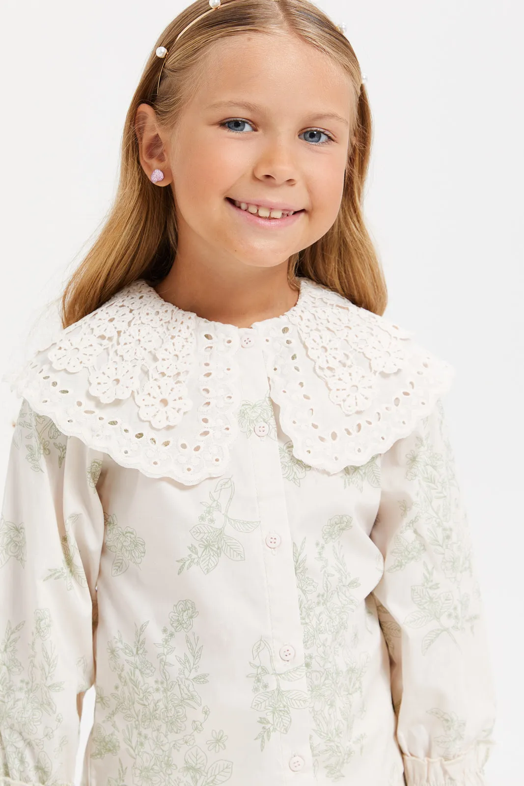 Girls Beige Printed Lace Collar Shirt