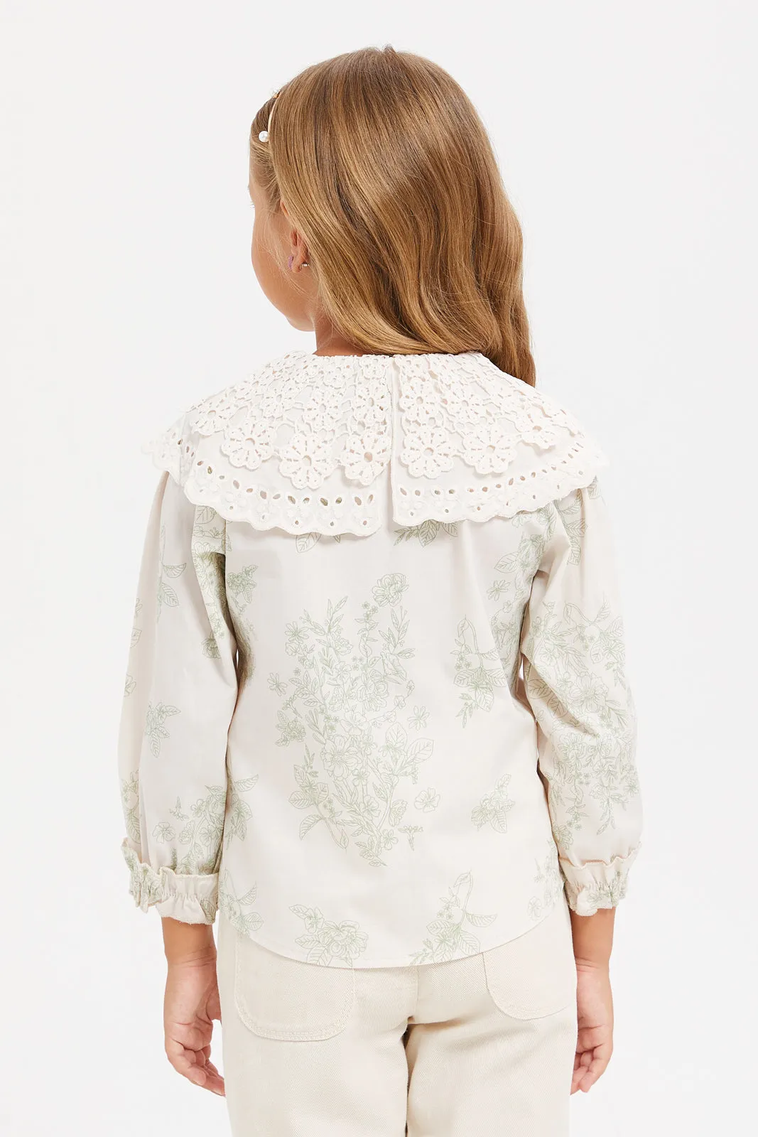 Girls Beige Printed Lace Collar Shirt
