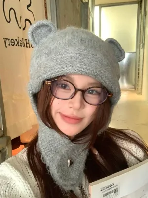Knitting bear ear beanie with heart clip