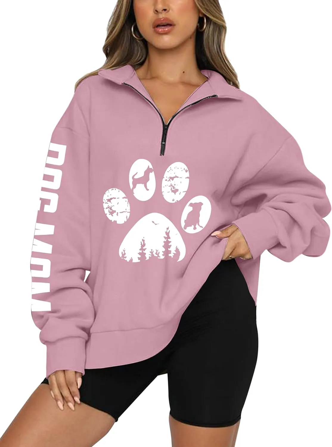 LOTUCY Dog Mom Sweatshirts Women Funny Dog Paw Graphic Shirts Mom Life Casual Long Sleeve Pullover Tops