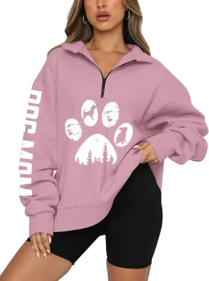 LOTUCY Dog Mom Sweatshirts Women Funny Dog Paw Graphic Shirts Mom Life Casual Long Sleeve Pullover Tops