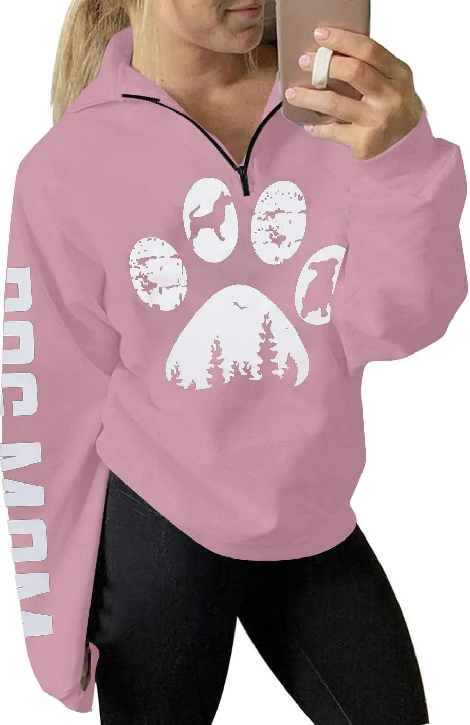LOTUCY Dog Mom Sweatshirts Women Funny Dog Paw Graphic Shirts Mom Life Casual Long Sleeve Pullover Tops