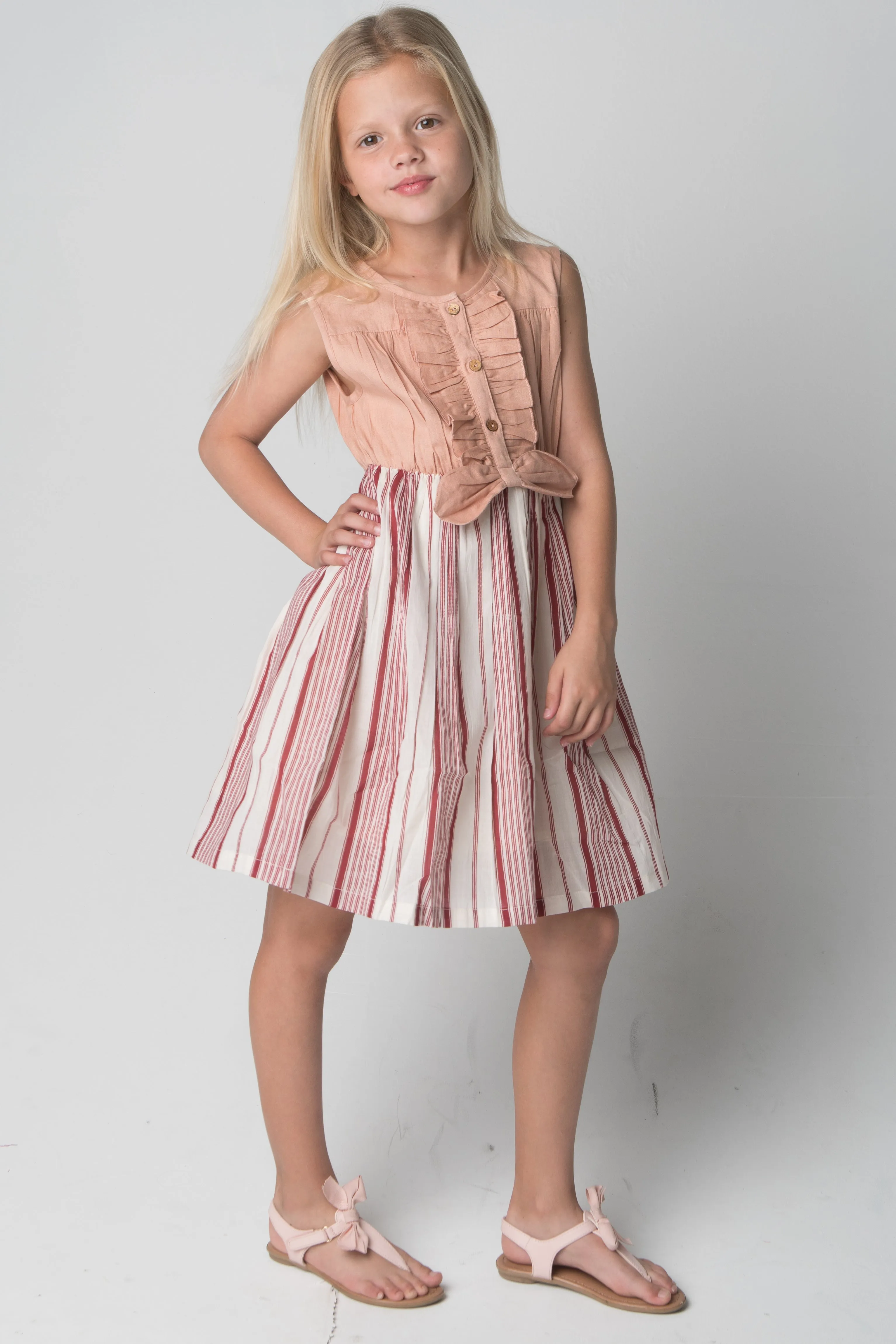 Ruffles and Bowtie Shirt and Striped Skirt One Piece Dress