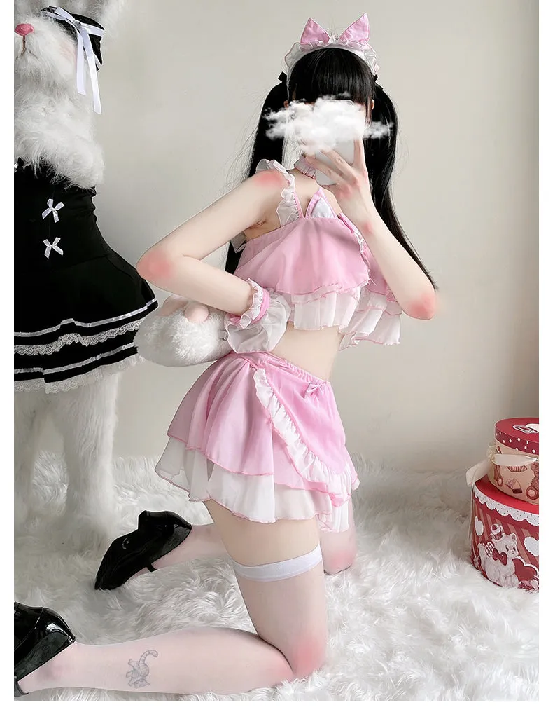 Sexy Maid Cat Girl Cosplay Pink & Black Top Skirt Two Piece Set