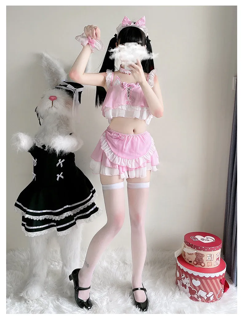 Sexy Maid Cat Girl Cosplay Pink & Black Top Skirt Two Piece Set