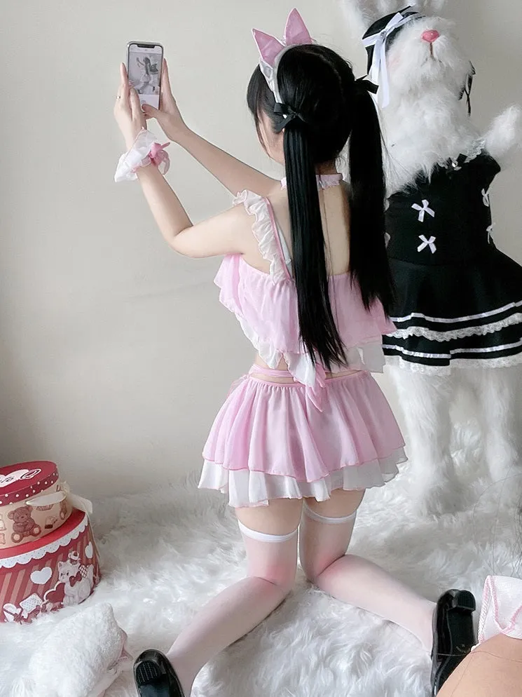 Sexy Maid Cat Girl Cosplay Pink & Black Top Skirt Two Piece Set
