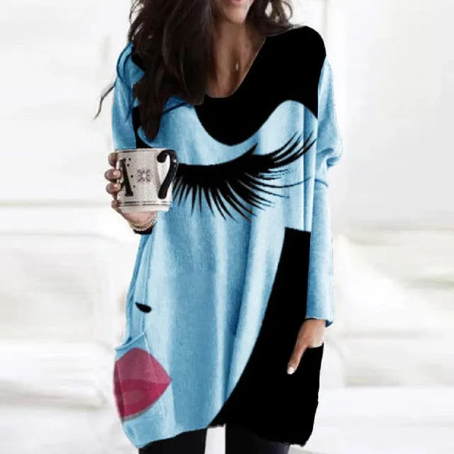 Trendy Cozy Abstract Face Print Shirt With Long Sleeves and Pockets