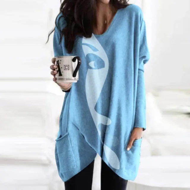 Trendy Cozy Abstract Face Print Shirt With Long Sleeves and Pockets